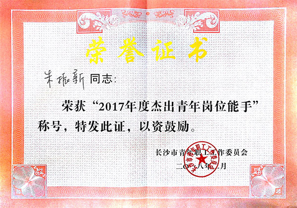 银河集团9873cm智能朱振新荣获长沙市2017年度卓越青年岗位能手