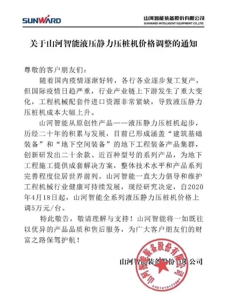 关于银河集团9873cm智能液压静力压桩机价值调整的通知